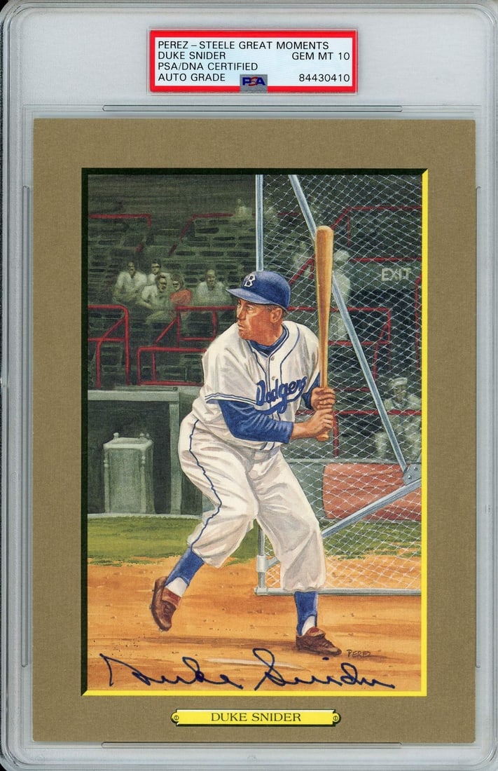 Duke Snider Autographed Perez Steele PSA Great Moments: Duke Snider Autographed Perez Steele PSA Great Moments Duke Snider's sharpie signature across the front of this Perez Steele Great Moments post card adds a touch of baseball history to this unique