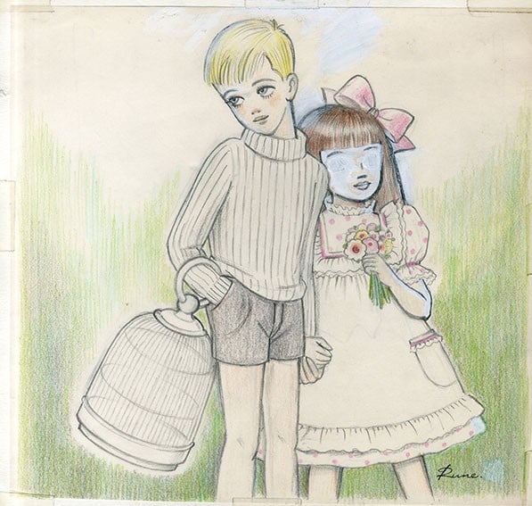 Rune Naito drawing boy girl with birdcage signed kawaii Japanese art (1 of 11)