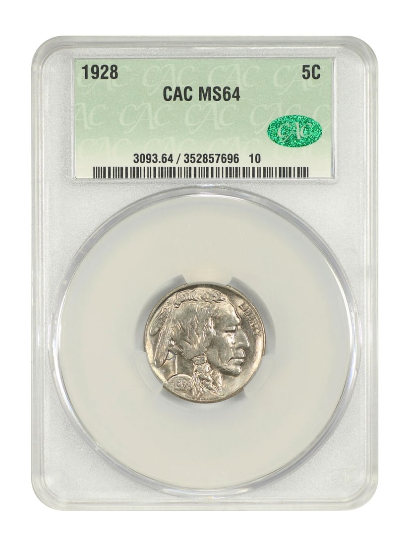 MS64 5C BUFFALO NICKEL CACG 1928: MS64 5C BUFFALO NICKEL CACG 1928 MS64 5C BUFFALO NICKEL CACG 1928 - A Highly Graded Uncirculated Buffalo Nickel from the Iconic 1928 Philadelphia Mint. This coin boasts a strong MS64 grade, indicating