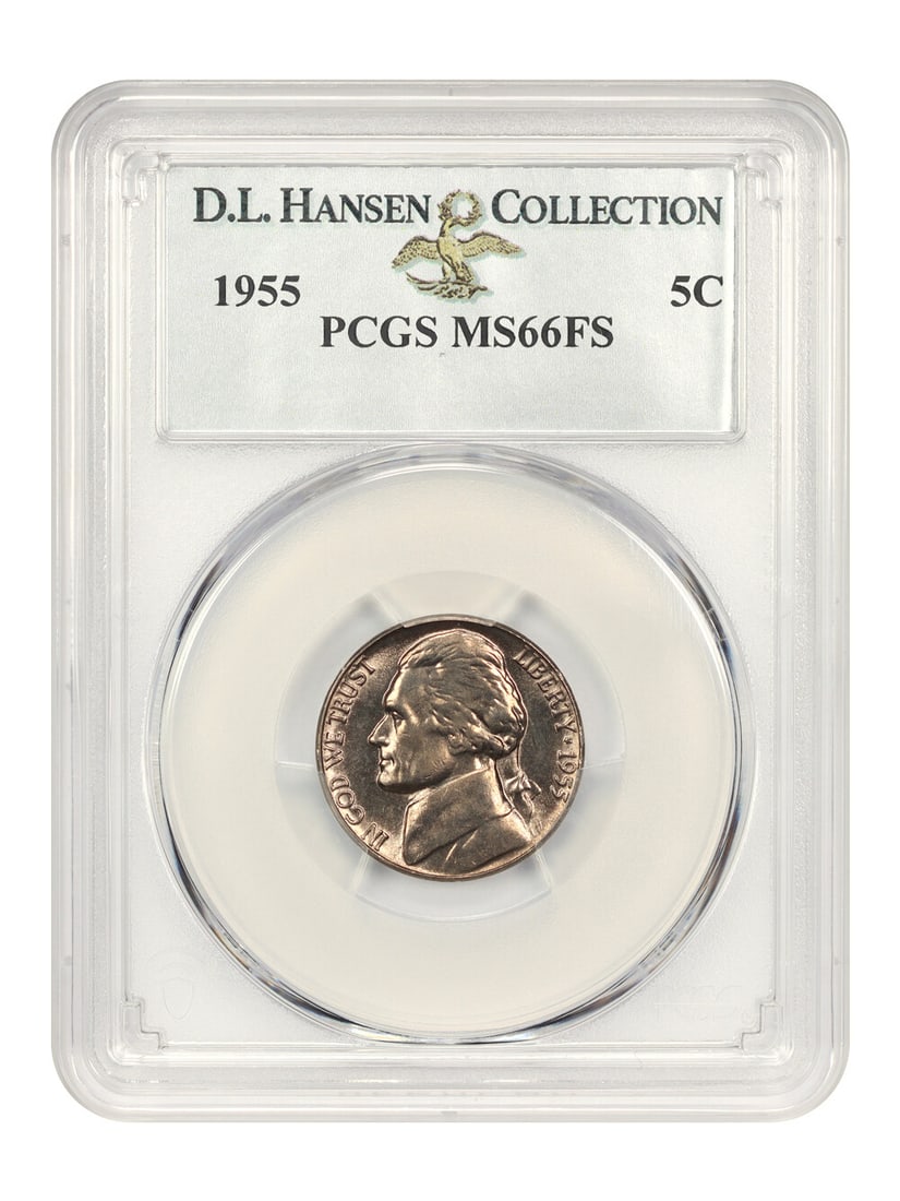 PCGS MS66 FS ex D L Hansen: PCGS MS66 FS ex D L Hansen PCGS MS66 FS ex D L Hansen - A highly graded and certified Jefferson Nickel from the iconic 1955 series, boasting an impressive MS66 grade with a striking FS strike type. Th