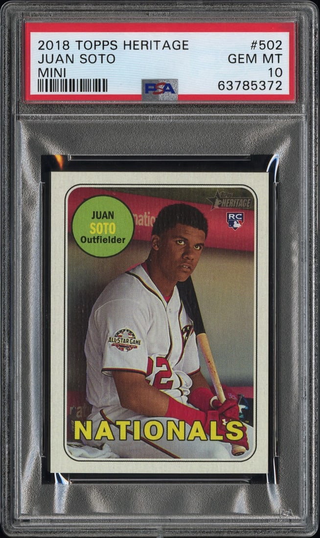 2018 TOPPS HERITAGE JUAN SOTO MINI #502 ROOKIE PSA 10: 2018 TOPPS HERITAGE JUAN SOTO MINI #502 ROOKIE PSA 10 PSA 10 graded, one-of-100 mini version of Juan Soto's 2018 Topps Heritage rookie card. This highly sought-after baseball card features the Washing