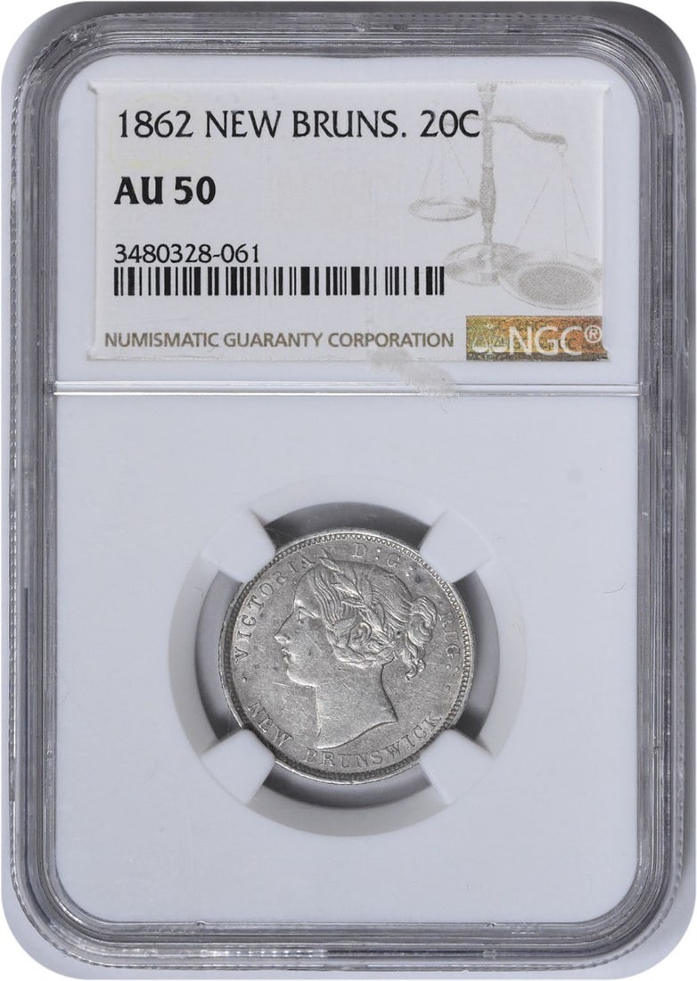 1862 New Brunswick Twenty Cents AU50 NGC: 1862 New Brunswick Twenty Cents AU50 NGC Circulated in 1862, this Twenty Cents coin from New Brunswick features a circulated grade of AU50, certified by the NGC. The coin bears a distinctive Km number