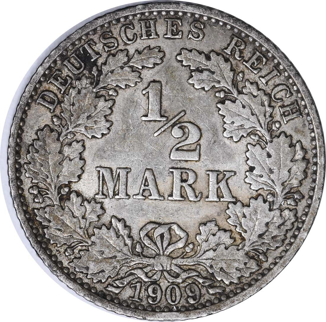 1909 G Germany 1/ 2 Mark KM17 AU Uncertified: 1909 G Germany 1/ 2 Mark KM17 AU Uncertified This 1909 G Germany 1/2 Mark coin features a silver composition and bears the KM17 designation. Certified as AU Uncirculated, it showcases its attractive a
