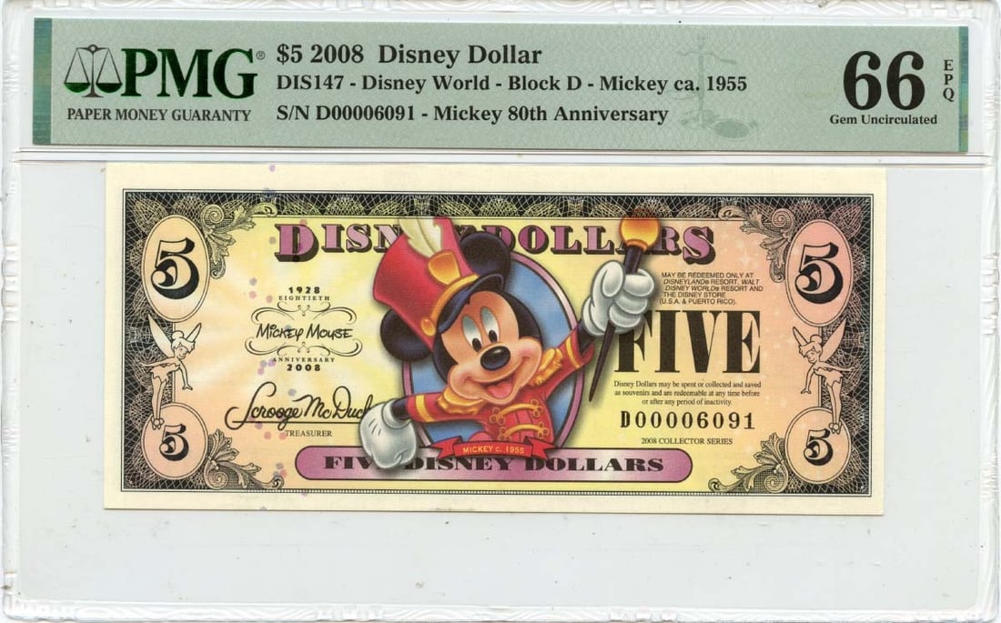 2008 $5 Disney Dollar Mickey 80th Anniversary DIS147 PMG GEM 66 EPQ: 2008 $5 Disney Dollar Mickey 80th Anniversary DIS147 PMG GEM 66 EPQ The 2008 $5 Disney Dollar Mickey, certified by PMG as MS66, boasts a stunning grade of Gem 66 and EPQ designation. This highly sough