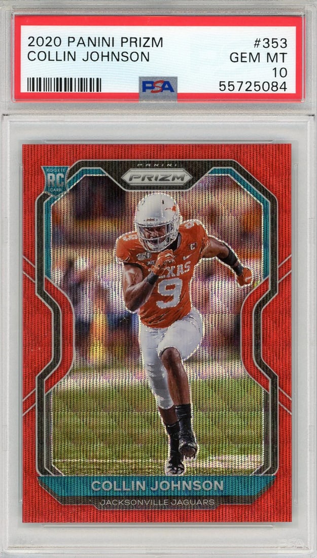Johnson 2020 Panini Prizm Card Red Rookie PSA: Johnson 2020 Panini Prizm Card Red Rookie PSA Gem Mint 10 graded and slabbed by PSA, this 2020 Panini Prizm Red Rookie Card #35 features Collin Johnson's rookie card in exceptional condition. With onl