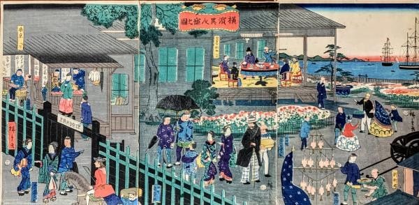 Hiroshige II Japanese Woodblock Print Triptych Yokohama Foreigners 1861: Hiroshige II Japanese Woodblock Print Triptych Yokohama Foreigners 1861 Item Specifics: Artist: Hiroshige II Subject: Yokohama-e (Foreigners in Yokohama) Material: Washi Paper Style: Japanese Year Of 