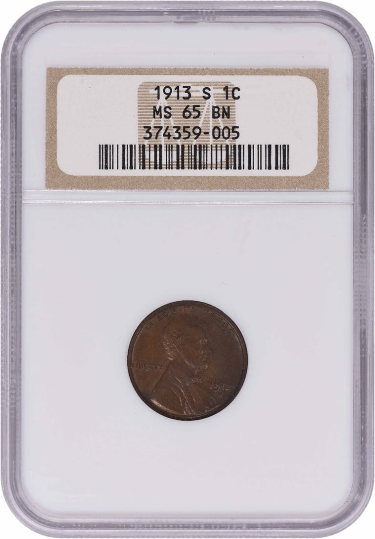 1913-S Lincoln Cent MS65BN NGC: 1913-S Lincoln Cent MS65BN NGC The 1913-S Lincoln Cent MS65BN NGC is an uncirculated example of the highly sought-after Wheat cent, featuring a striking MS65 grade and a beautiful BN (brilliantly numi