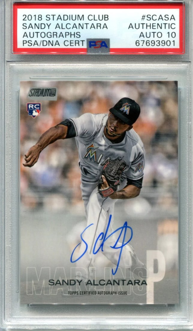 Alcantara Sandy Auto PSA AUTH TOPPS 2018 Stadium Club #SCASA Card: Alcantara Sandy Auto PSA AUTH TOPPS 2018 Stadium Club #SCASA Card Sandy Alcantara's 2018 Topps Stadium Club #SCASA card features an auto graphic, showcasing the player's signature. This graded PSA AUT