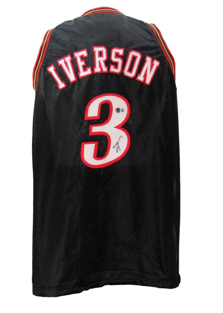 Black Custom Autographed Iverson Jersey HOF Allen 96721 76ers Beckett: Black Custom Autographed Iverson Jersey HOF Allen 96721 76ers Beckett Authentic Beckett Authentication Services (BAS) verified, this black custom autographed Iverson jersey bears the signature of Alle
