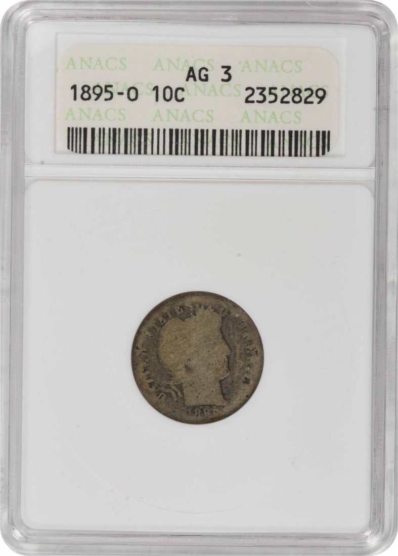 1895-O Barber Silver Dime AG03 ANACS: 1895-O Barber Silver Dime AG03 ANACS The 1895-O Barber Silver Dime features an impressive design by Charles E. Barber, with its reeded edge and classic silver composition. With a mintage of over 440,0