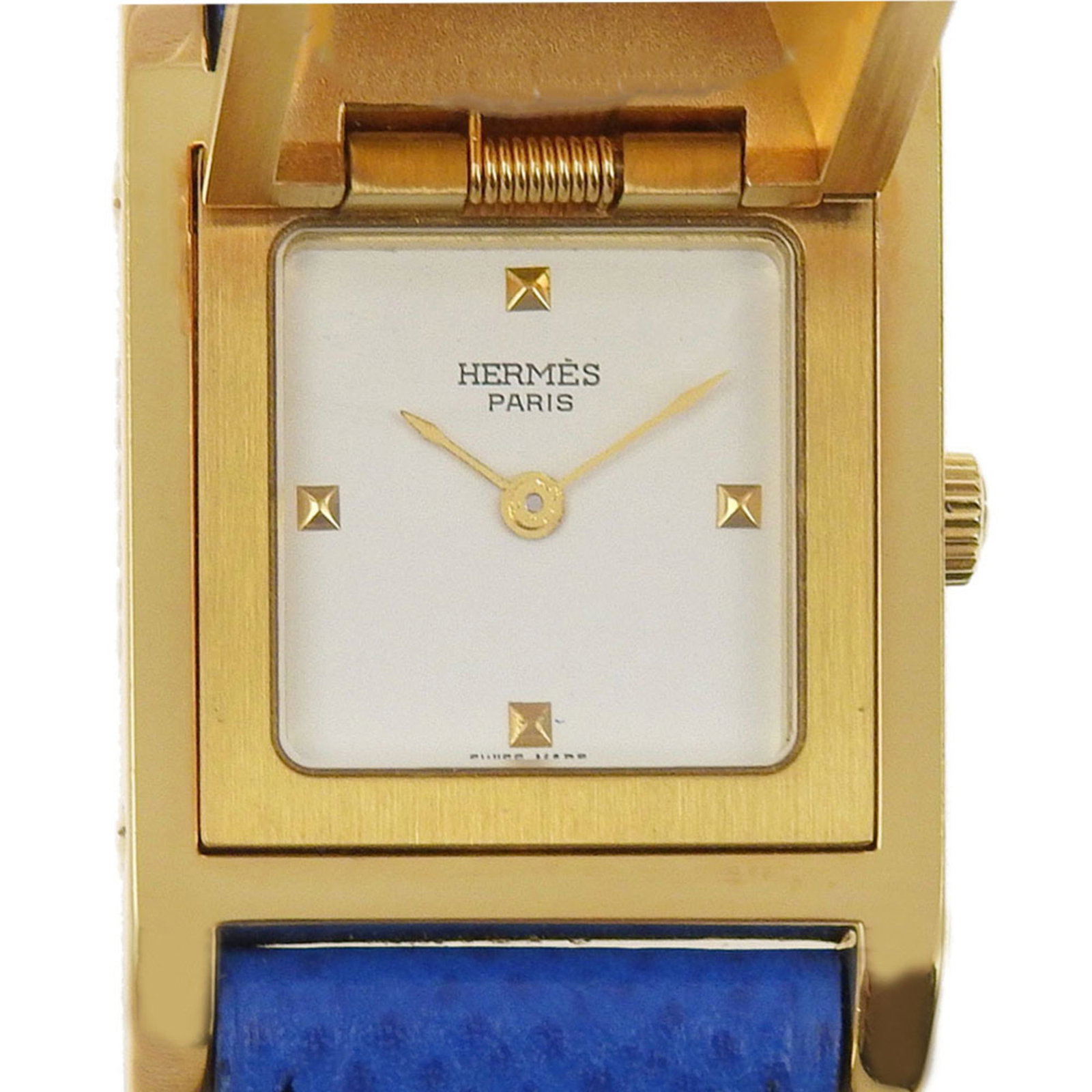 Hermes Wristwatch: Hermes Wristwatch Gold plated case and embossed leather band make this Hermes wristwatch a stylish accessory. The white dial stands out against the luxurious leather strap, creating a chic and sophist