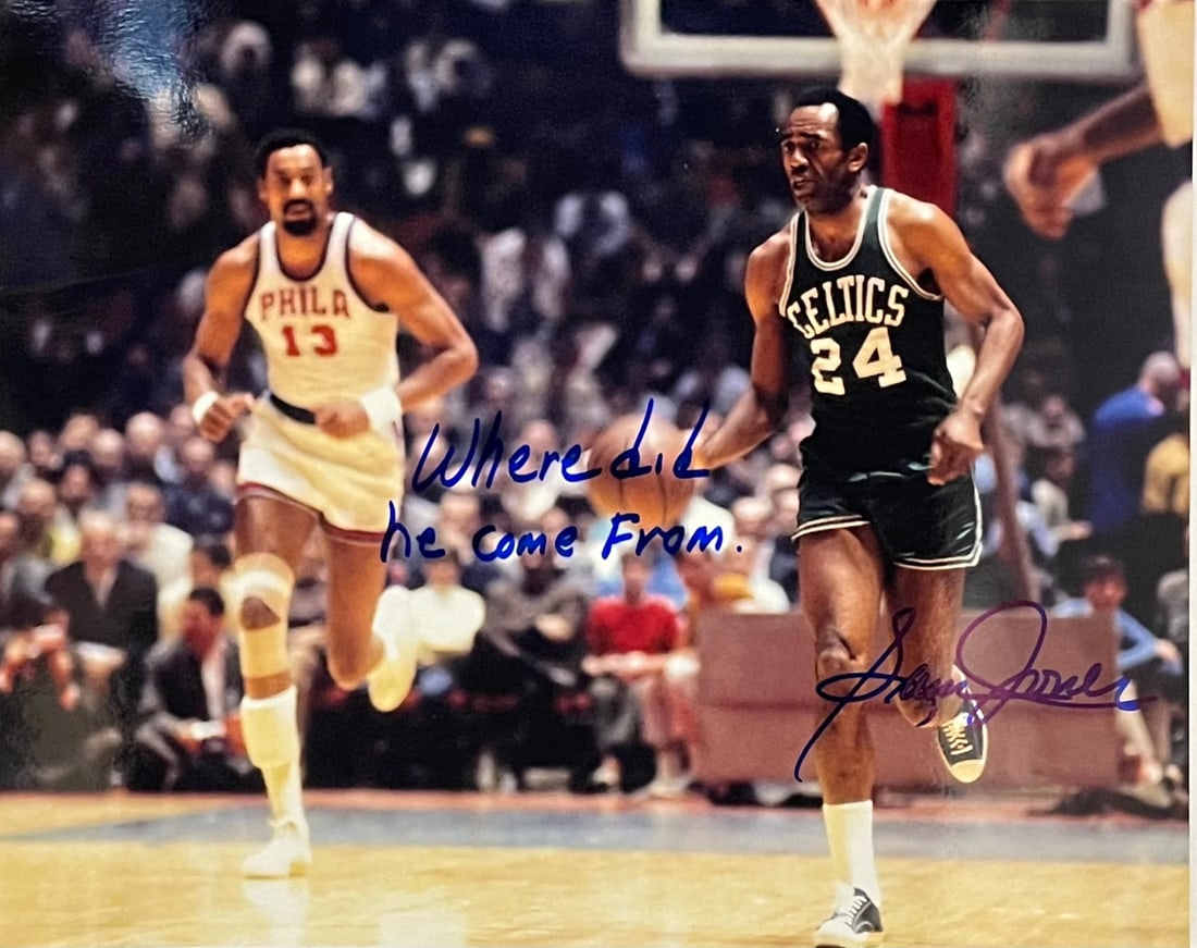 Sam Jones Autographed 8x10 Basketball Photo: Sam Jones Autographed 8x10 Basketball Photo Signed by Sam Jones in blue sharpie, this 8x10 basketball photo bears the inscription "Where did he come From". The image captures a moment in time, frozen 