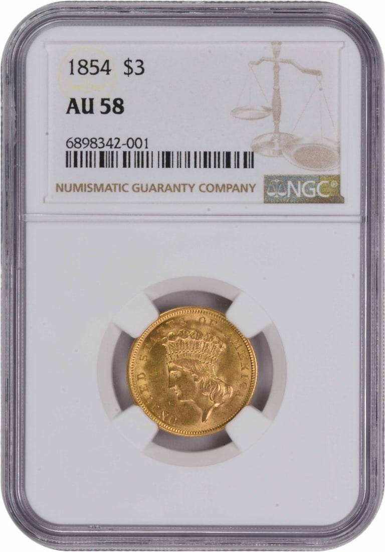 $3 Gold AU58 NGC 1854: $3 Gold AU58 NGC 1854 The $3 Gold AU58 NGC 1854 features a striking design from the mid-19th century, with its silver composition and circulated condition showcasing the wear and tear of time. Certifi