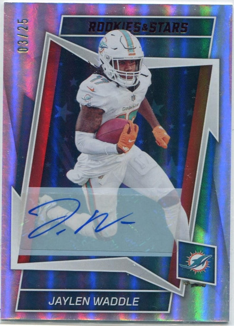 Jaylen Waddle 2022 Panini Rookies Stars Card #62 3 25: Jaylen Waddle 2022 Panini Rookies Stars Card #62 3 25 Signed by artist, Jaylen Waddle's 2022 Panini Rookies & Stars card #62 is one of only three printed. Packed and shipped from Dania Beach, Florida,