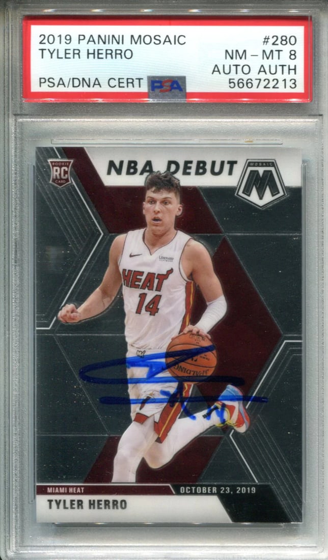 Tyler Herro 2019 Panini Mosaic #223 PSA Near Mint 8 Auto Authentic Card: Tyler Herro 2019 Panini Mosaic #223 PSA Near Mint 8 Auto Authentic Card Tyler Herro's 2019 Panini Mosaic #223 card features his autograph, graded Near Mint 8 by the Professional Sports Authenticator (