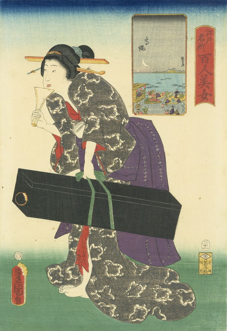 Toyokuni III Woodblock Print Edo 100 Beauties Takanawa Shamisen 1857 (1 of 1)
