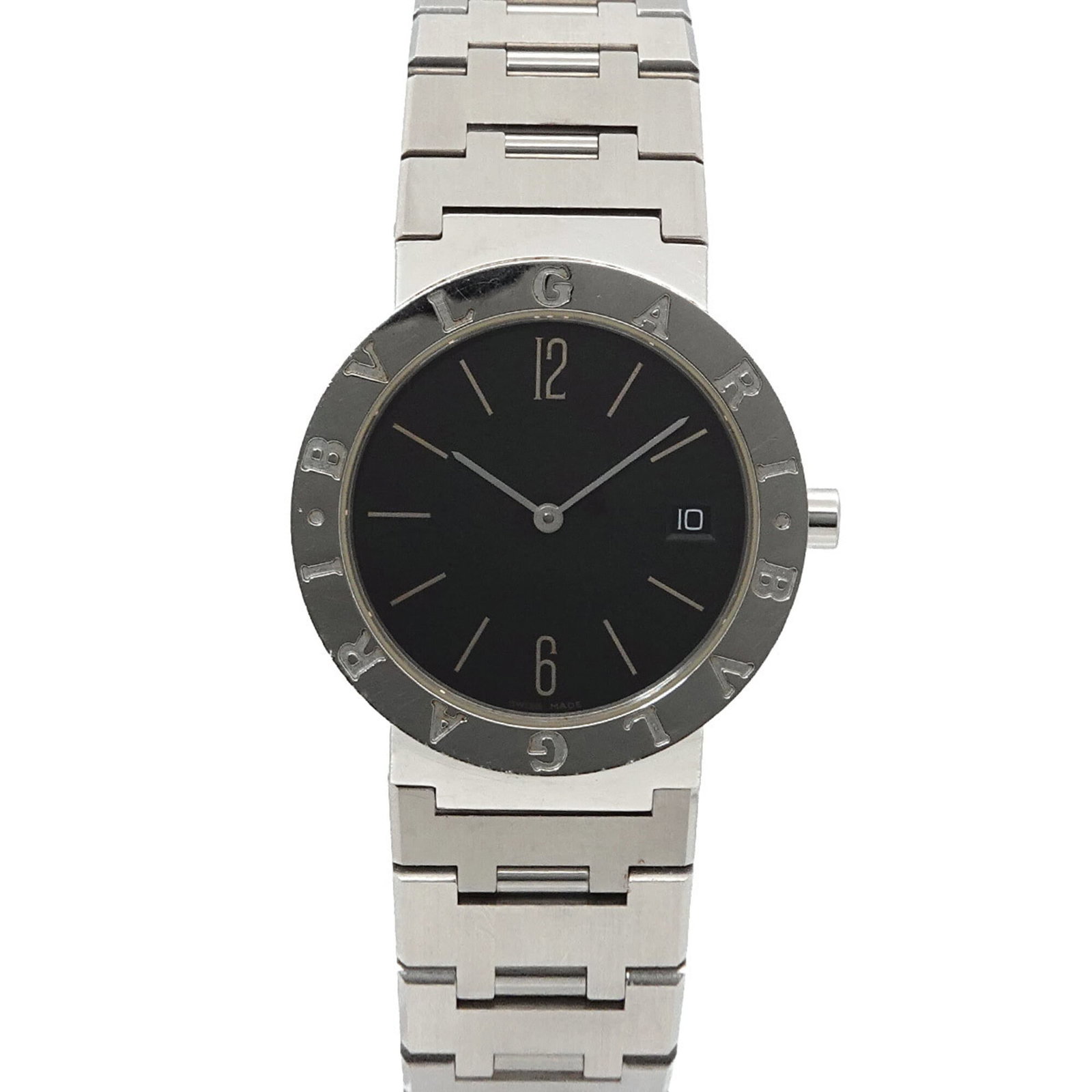 Bvlgari Wristwatch: Bvlgari Wristwatch Stainless steel case and band provide a sleek, modern look for the Bvlgari wristwatch. The black dial stands out against its durable stainless steel construction, while quartz movem