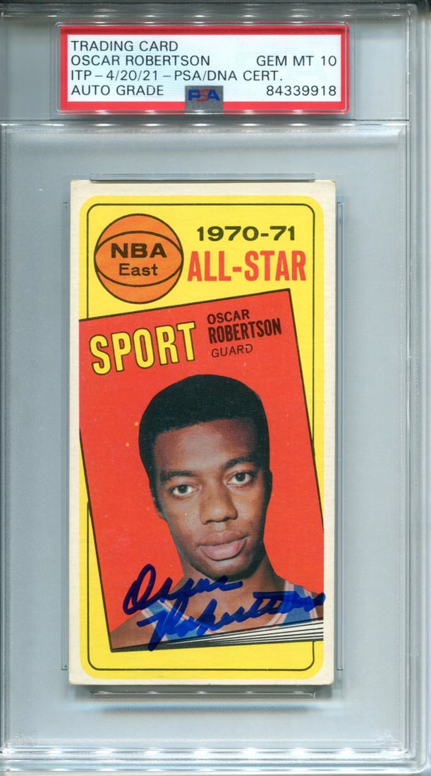 Oscar Robertson Autographed 1970-71 Topps Card (PSA): Oscar Robertson Autographed 1970-71 Topps Card (PSA) Item Specifics: Brand: Professional Sports Authenticator (PSA) Oscar Robertson Autographed 1970-71 Topps Card Signed in blue sharpie across the fro