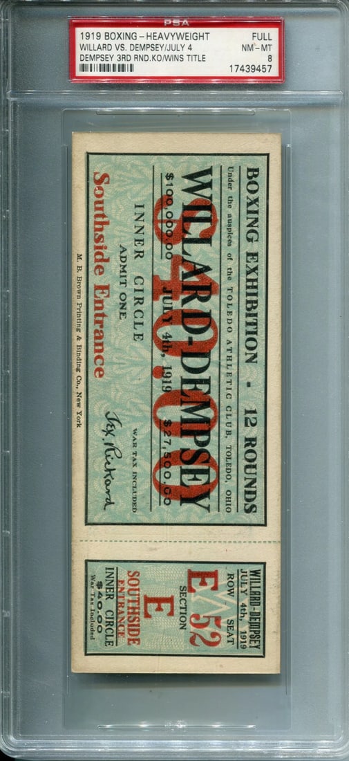 1919 Jess Willard vs Jack Dempsey Full Boxing Ticket PSA 8 (1 of 2)
