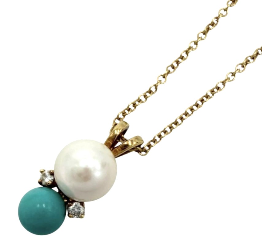 Pearl turquoise diamond 18k yellow gold pendant blue necklace: Pearl turquoise diamond 18k yellow gold pendant blue necklace Item Specifics: Pendant Shape: Round Number Of Diamonds: 2 Closure: Spring Ring Occasion: Anniversary Birthday Christening Christmas Confi