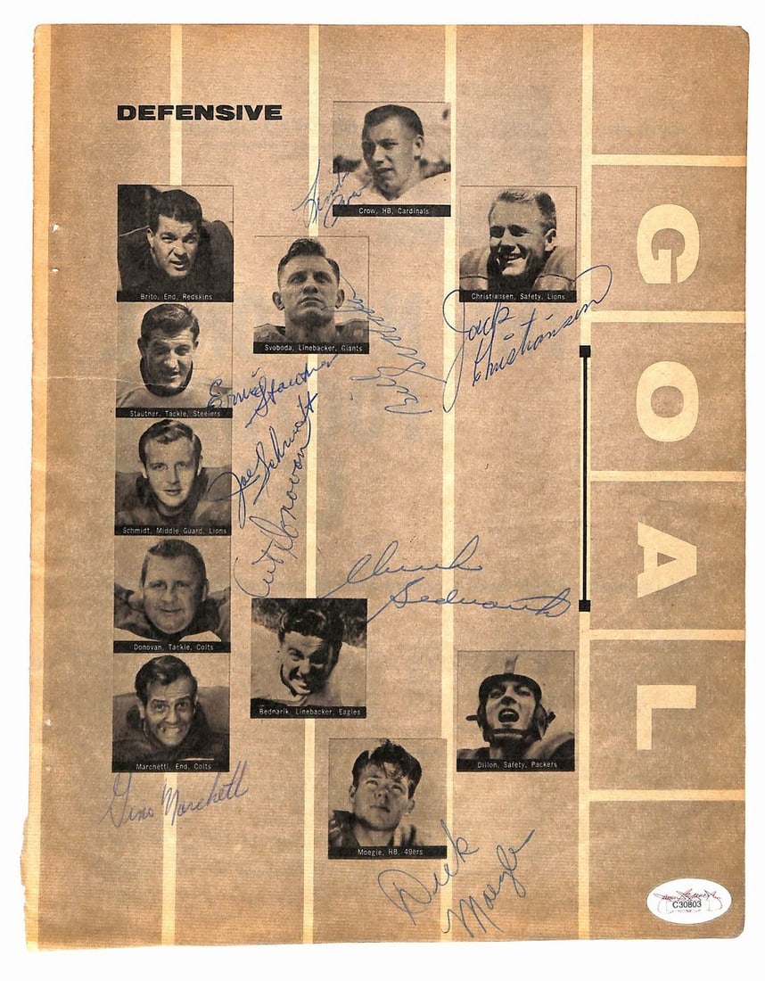 1957 NFL All-Pros Signed (9) 8.5x11 Magazine Page Photo Marchetti JSA 194951: 1957 NFL All-Pros Signed (9) 8.5x11 Magazine Page Photo Marchetti JSA 194951 Nine NFL All-Pros sign a 1957 magazine page photo, bearing the JSA authentication mark. The image measures 8.5x11 inches an