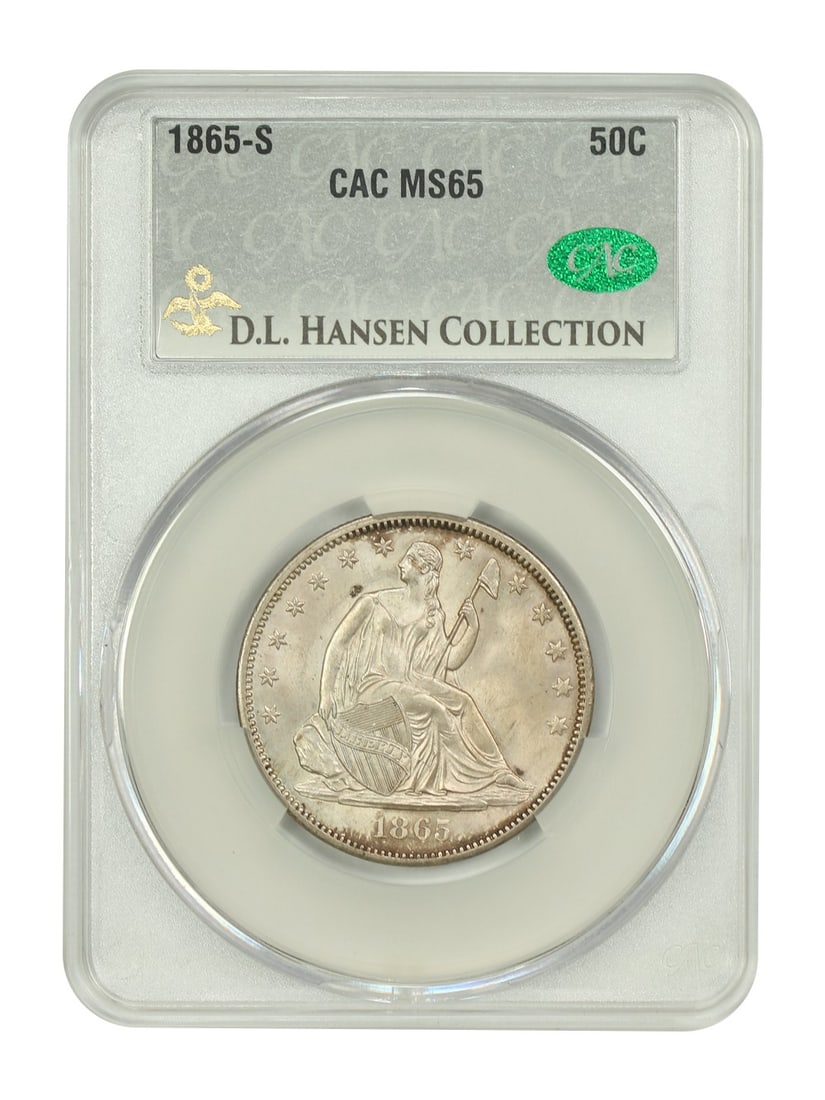 1865-S 50C CACG MS65 ex: D.L. Hansen - Liberty Seated Half Dollar: 1865-S 50C CACG MS65 ex: D.L. Hansen - Liberty Seated Half Dollar The 1865-S 50C CACG MS65 ex: D.L. Hansen Liberty Seated Half Dollar boasts a striking MS65 grade, indicating exceptional mint state co