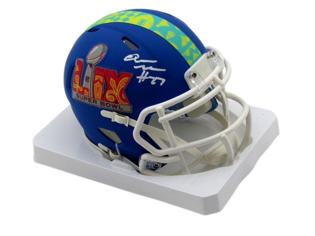 Quinyon Mitchell Signed/ Auto Blue Super Bowl LIX Mini Helmet Eagles PSA 192757: Quinyon Mitchell Signed/ Auto Blue Super Bowl LIX Mini Helmet Eagles PSA 192757 Quinyon Mitchell's autograph on this Super Bowl LIX mini helmet adds a unique touch to any football fan's collection. Th