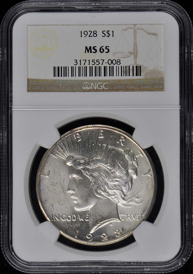 1928 Peace Dollar S$1 NGC MS65: 1928 Peace Dollar S$1 NGC MS65 The 1928 Peace Dollar, certified MS65 by the Numismatic Guaranty Corporation (NGC), boasts exceptional mint state condition. This uncirculated coin features a striking d