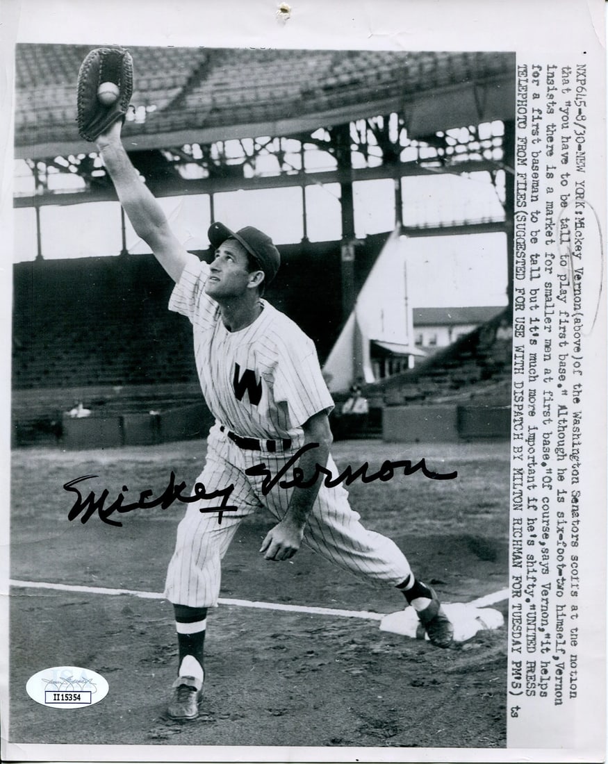 Mickey Vernon Autographed 7x9 Original Wire Photo (JSA): Mickey Vernon Autographed 7x9 Original Wire Photo (JSA) Item Specifics: Brand: James Spence Authentication (JSA) Mickey Vernon Autographed 7x9 Original Wire Photo (JSA) Signed in black sharpie across 