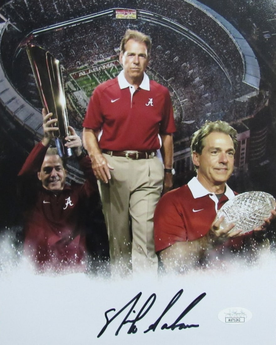 Nick Saban Signed/ Auto 8x10 Photo University of Alabama JSA 189355: Nick Saban Signed/ Auto 8x10 Photo University of Alabama JSA 189355 Signed by Nick Saban, the legendary coach of the University of Alabama football team, this 8x10 photo captures his iconic presence o