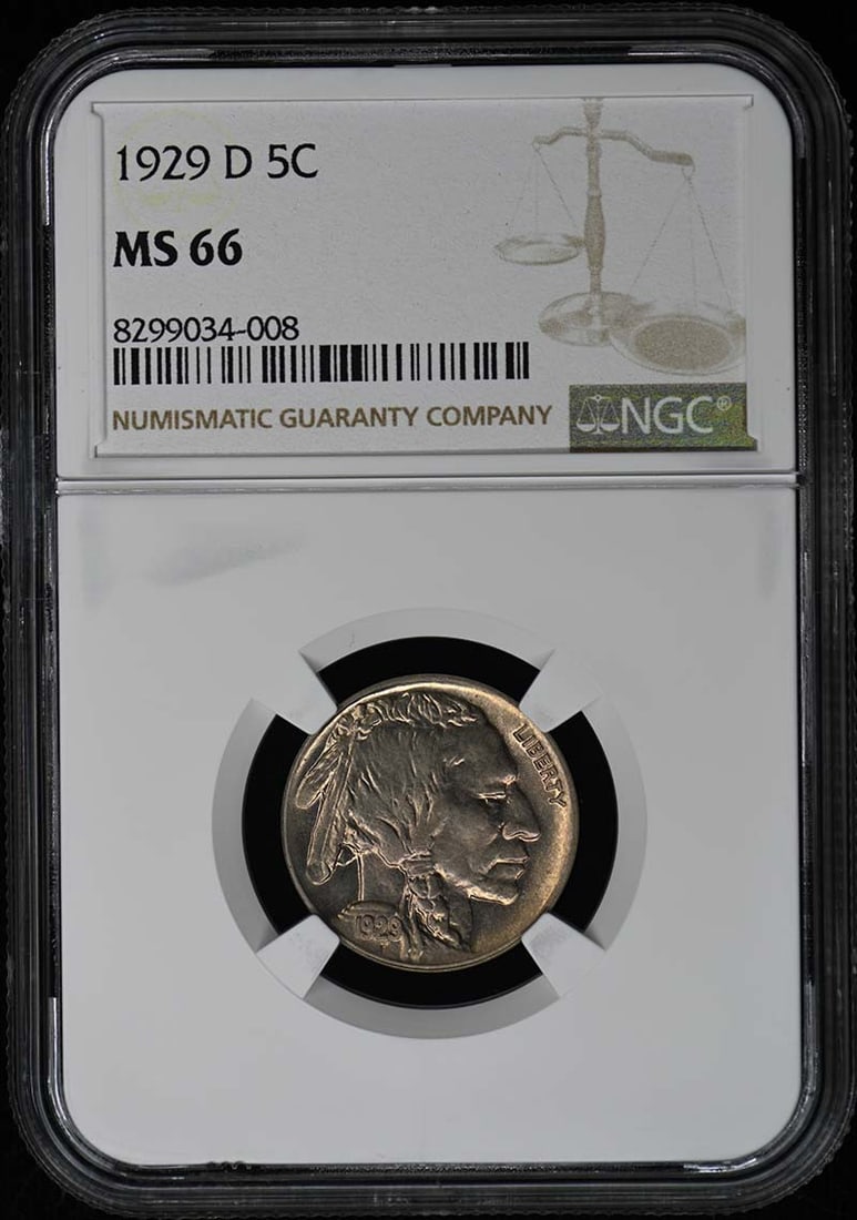 1929-D Buffalo Nickel Type 2 5C NGC MS66: 1929-D Buffalo Nickel Type 2 5C NGC MS66 The 1929-D Buffalo Nickel Type 2, graded MS66 by the Numismatic Guaranty Corporation (NGC), boasts exceptional condition with minimal wear. This uncirculated c