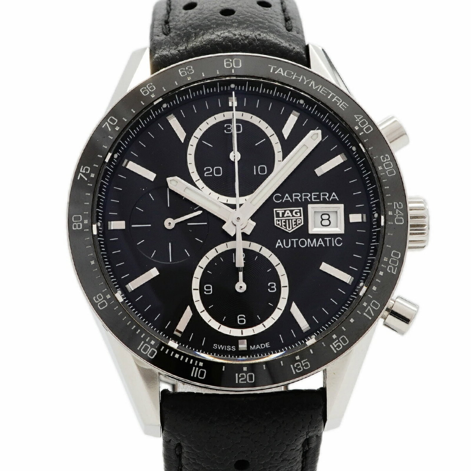 Tag Heuer Wristwatch: Tag Heuer Wristwatch Tag Heuer's CV201AJ wristwatch boasts a sleek black leather band and dial, complemented by an automatic self-winding movement. The 41.5mm case diameter provides a comfortable fit 