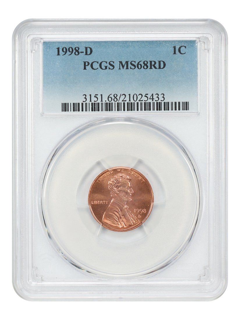 PCGS MS68RD Lincoln Cent 1C 1998 D: PCGS MS68RD Lincoln Cent 1C 1998 D The PCGS MS68RD Lincoln Cent 1C 1998 D is an uncirculated coin in exceptional condition, graded by the prestigious Professional Coin Grading Service (PCGS) as a 68. 
