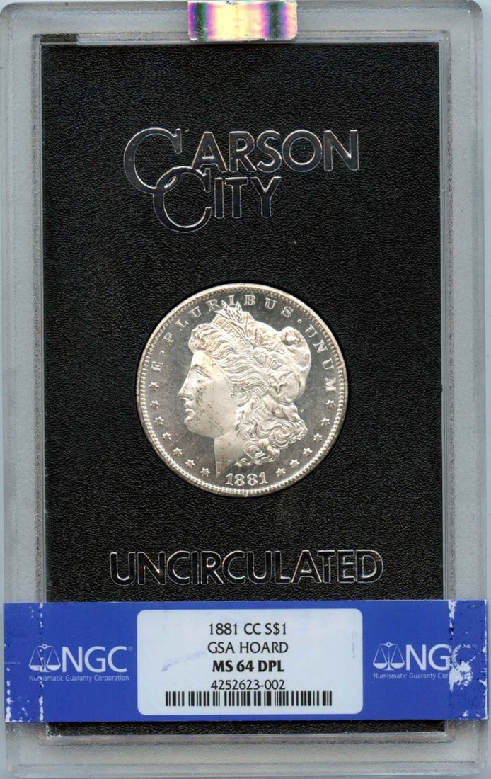 1881-CC Morgan Dollar GSA HOARD S$1 NGC MS64DMPL: 1881-CC Morgan Dollar GSA HOARD S$1 NGC MS64DMPL The 1881-CC Morgan Dollar GSA HOARD S$1 NGC MS64DMPL is an uncirculated coin with a high grade of MS64, featuring the distinctive DMPL (Die State) desi