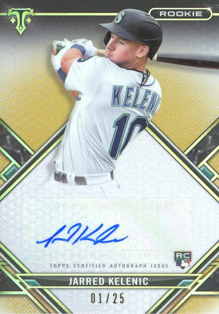 Rookie Card Autographed Topps 2021 Kelenic Jarred: Rookie Card Autographed Topps 2021 Kelenic Jarred Topps 2021 Jarred Kelenic Rookie Card #1/25, featuring an autograph from the talented baseball player. This highly sought-after card is one of only 25