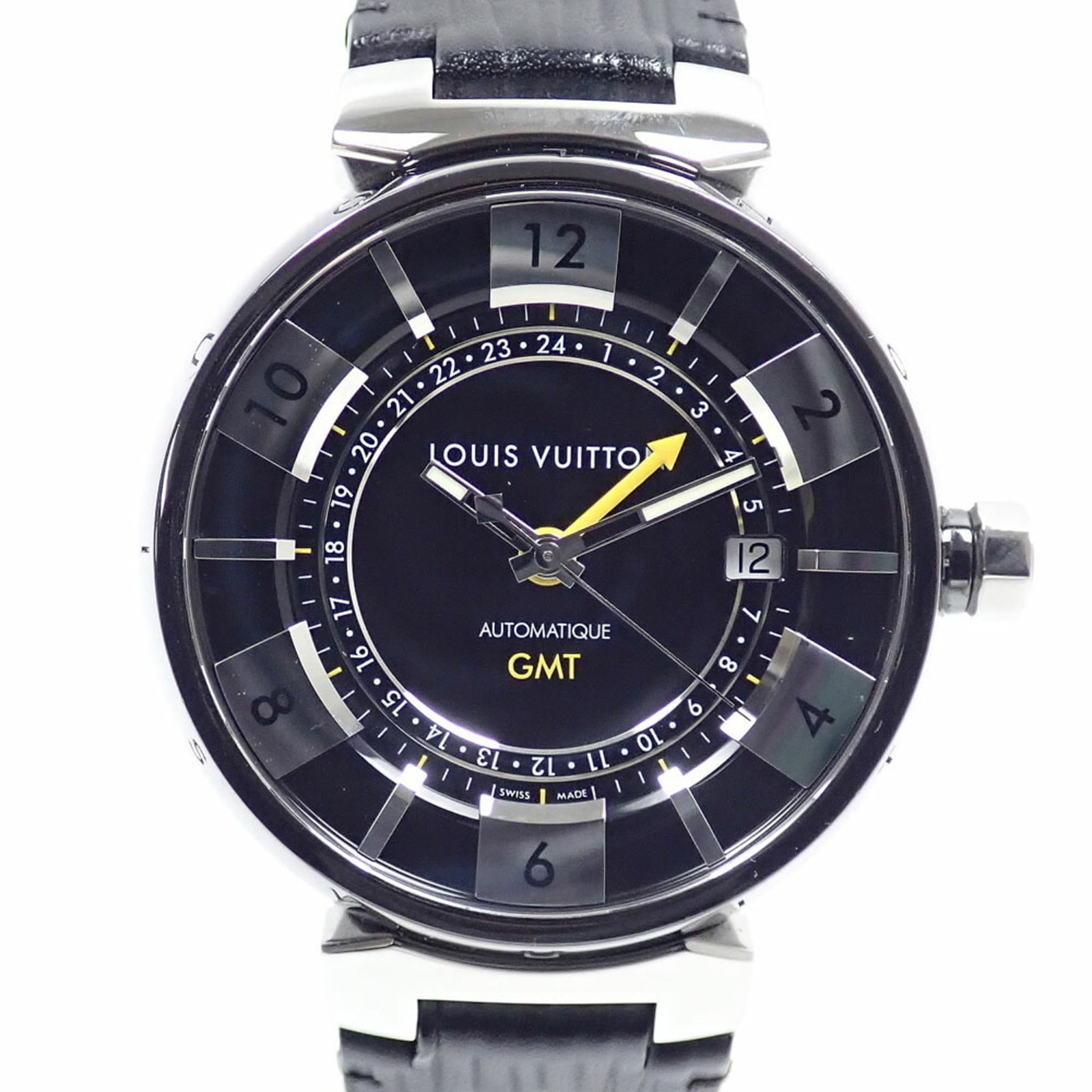 Louis Vuitton Wristwatch: Louis Vuitton Wristwatch Stainless steel case and black, silver dial make for a sleek and timeless design. This self-winding automatic wristwatch from Louis Vuitton features a leather band and measure