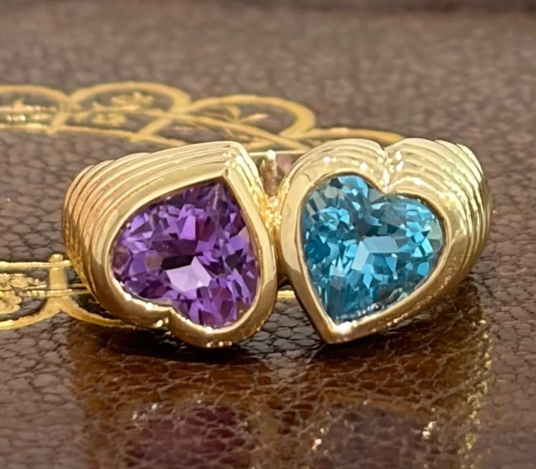 Ponte Vecchio Amethyst Blue Topaz 18k Yellow Gold Two Color Double Heart Ring (1 of 8)