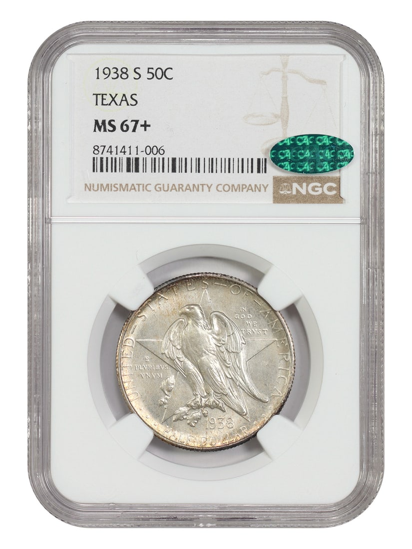 1938-S 50C Texas NGC/ CAC MS67+ - Classic Silver Commemorative: 1938-S 50C Texas NGC/ CAC MS67+ - Classic Silver Commemorative The 1938-S 50C Texas NGC/CAC MS67+ Classic Silver Commemorative coin boasts its impressive Mint State 67+ grade, showcasing exceptional l