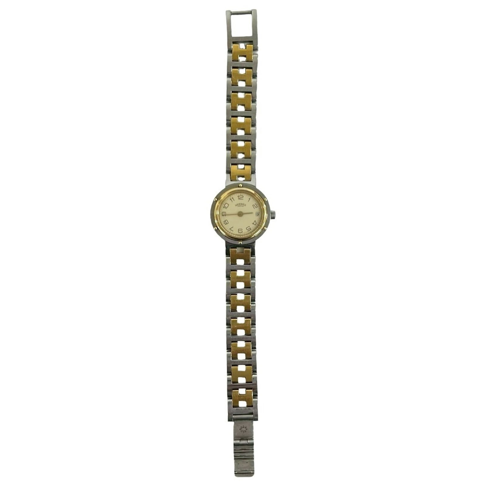 Hermes Wristwatch: Hermes Wristwatch Gold plated and stainless steel construction, the Hermes Wristwatch boasts a sleek design with a 23mm case diameter. Featuring a quartz movement, this timepiece combines style with f