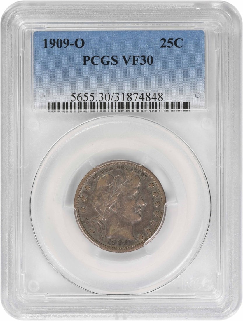 Barber quarter silver quarter 1909-VF30 PCGS: Barber quarter silver quarter 1909-VF30 PCGS The 1909 Barber quarter is a highly sought-after coin, with over 712,000 minted. This particular example boasts a circulated grade of VF30, certified by PC
