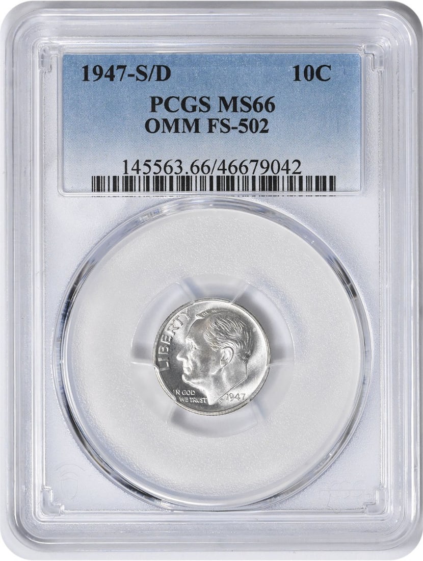 1947-S/ D Roosevelt Silver Dime OMM FS-502 MS66 PCGS: 1947-S/ D Roosevelt Silver Dime OMM FS-502 MS66 PCGS The 1947-S/ D Roosevelt Silver Dime, graded MS66 by PCGS, boasts exceptional condition with its uncirculated state. This coin's striking design, fe