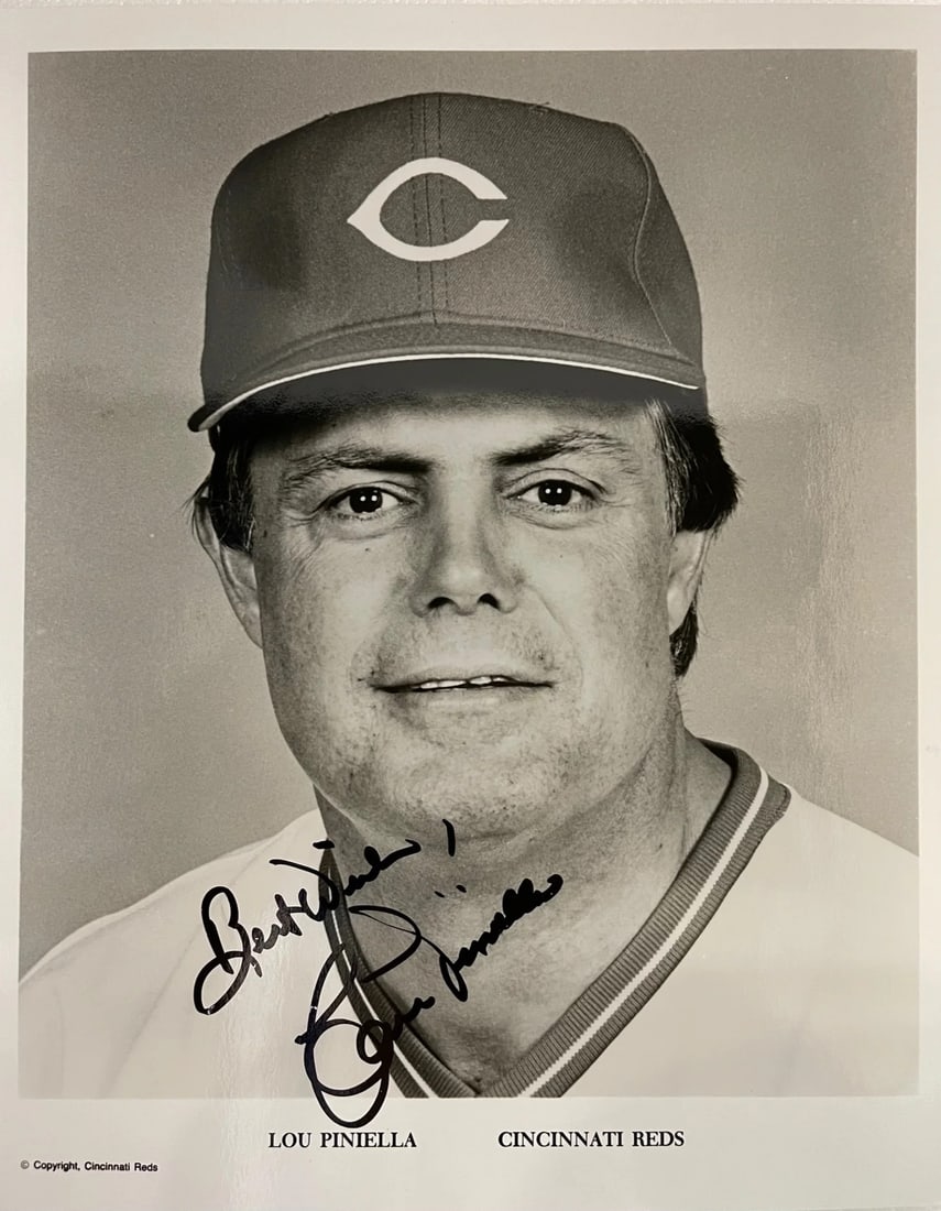 Lou Piniella Autographed Cincinnati Reds 8x10 Photo Card: Lou Piniella Autographed Cincinnati Reds 8x10 Photo Card Lou Piniella's sharpie signature adds a personal touch to this 8x10 photo card, featuring the legendary Cincinnati Reds player. The black ink m