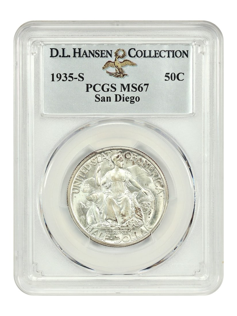 PCGS MS67 Classic Silver Commemorative ex D.L. Hansen 50C 1935-S San Diego: PCGS MS67 Classic Silver Commemorative ex D.L. Hansen 50C 1935-S San Diego PCGS MS67 Classic Silver Commemorative ex D.L. Hansen 50C 1935-S San Diego is an uncirculated coin in exceptional condition, 