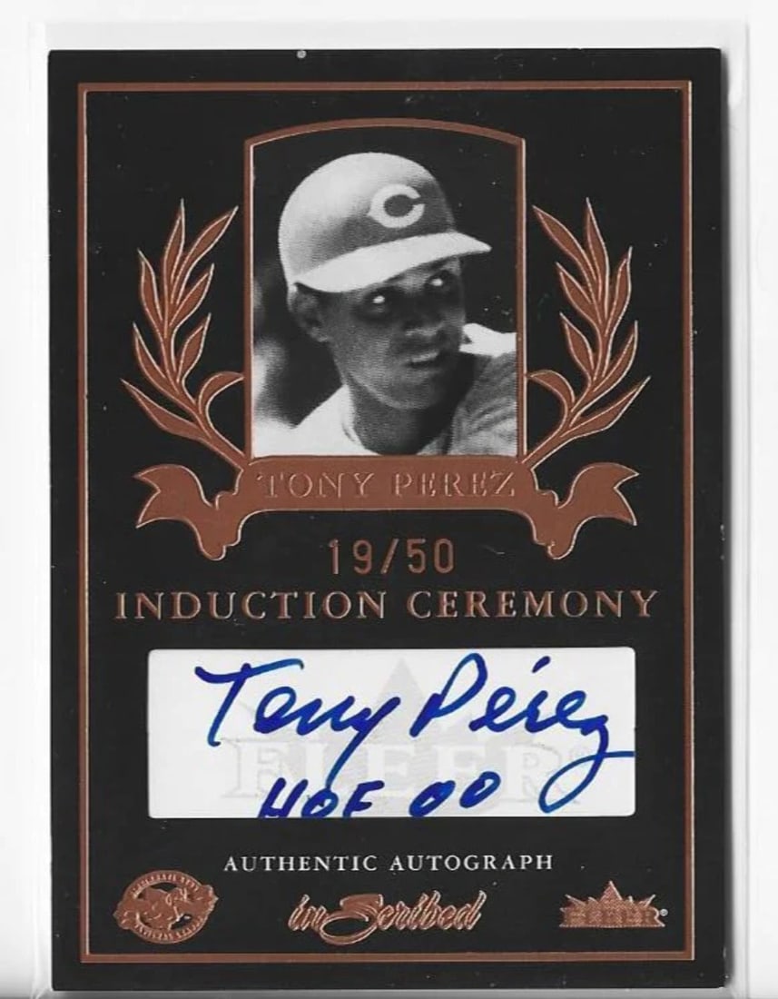 Tony Perez 2004 Fleer Induction Ceremony #19/ 50 Autograph Card: Tony Perez 2004 Fleer Induction Ceremony #19/ 50 Autograph Card Tony Perez's 2004 Fleer Induction Ceremony card #19/50 features his autograph, commemorating his induction into the Baseball Hall of Fam