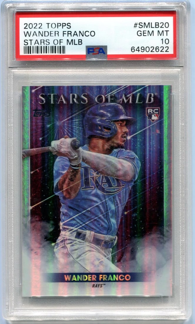 Rookie Franco Stars Topps 2022 MLB Card PSA 10: Rookie Franco Stars Topps 2022 MLB Card PSA 10 Topps Wander Franco 2022 Topps Stars of MLB Rookie Card (PSA 10) boasts a PSA 10 grade, indicating exceptional condition and minimal wear. This highly so