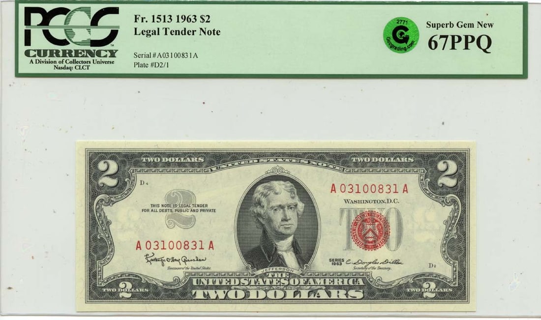 1963 $2 Legal Tender Note FR#1513 PCGS Superb GEM 67 PPQ GCC Green: 1963 $2 Legal Tender Note FR#1513 PCGS Superb GEM 67 PPQ GCC Green The 1963 $2 Legal Tender Note, graded MS67 by PCGS, boasts exceptional condition with a Superb GEM grade. This uncirculated note feat