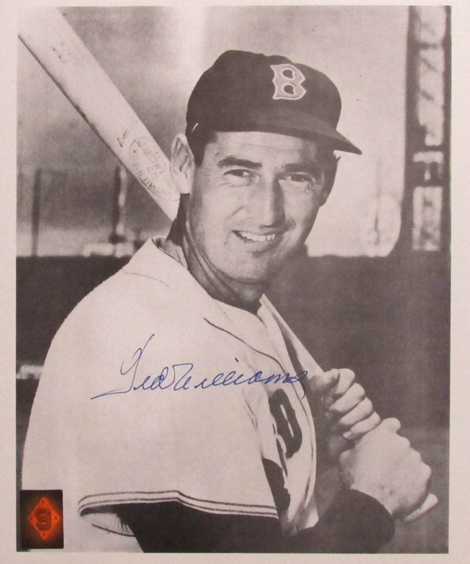 Ted Williams HOF Signed/ Auto 11x14 Photo Red Sox Green Diamond Holo TWF 198575: Ted Williams HOF Signed/ Auto 11x14 Photo Red Sox Green Diamond Holo TWF 198575 Signed by Ted Williams, the legendary Red Sox slugger, this 11x14 photo showcases his impressive career in baseball. The