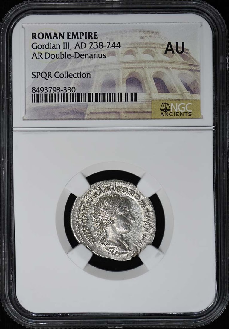 Gordian III, AD 238-244 ROMAN EMPIRE AR Double-Denarius NGC AU: Gordian III, AD 238-244 ROMAN EMPIRE AR Double-Denarius NGC AU NGC AU Grade Double-Denarius from the Roman Empire, minted during the reign of Gordian III (238-244 AD), featuring a well-preserved desig