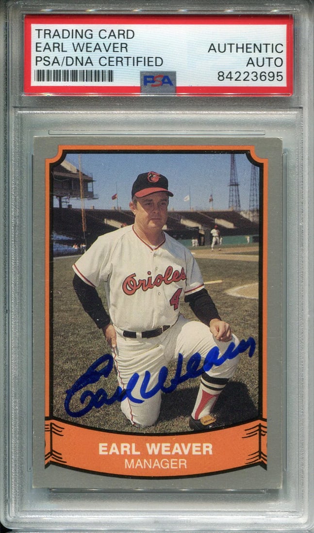 Earl Weaver Autographed 1989 Pacific Card #179 (PSA): Earl Weaver Autographed 1989 Pacific Card #179 (PSA) Signed in sharpie across the front of the card, Earl Weaver's autograph on this 1989 Pacific Card #179 has been authenticated and slabbed by Profes