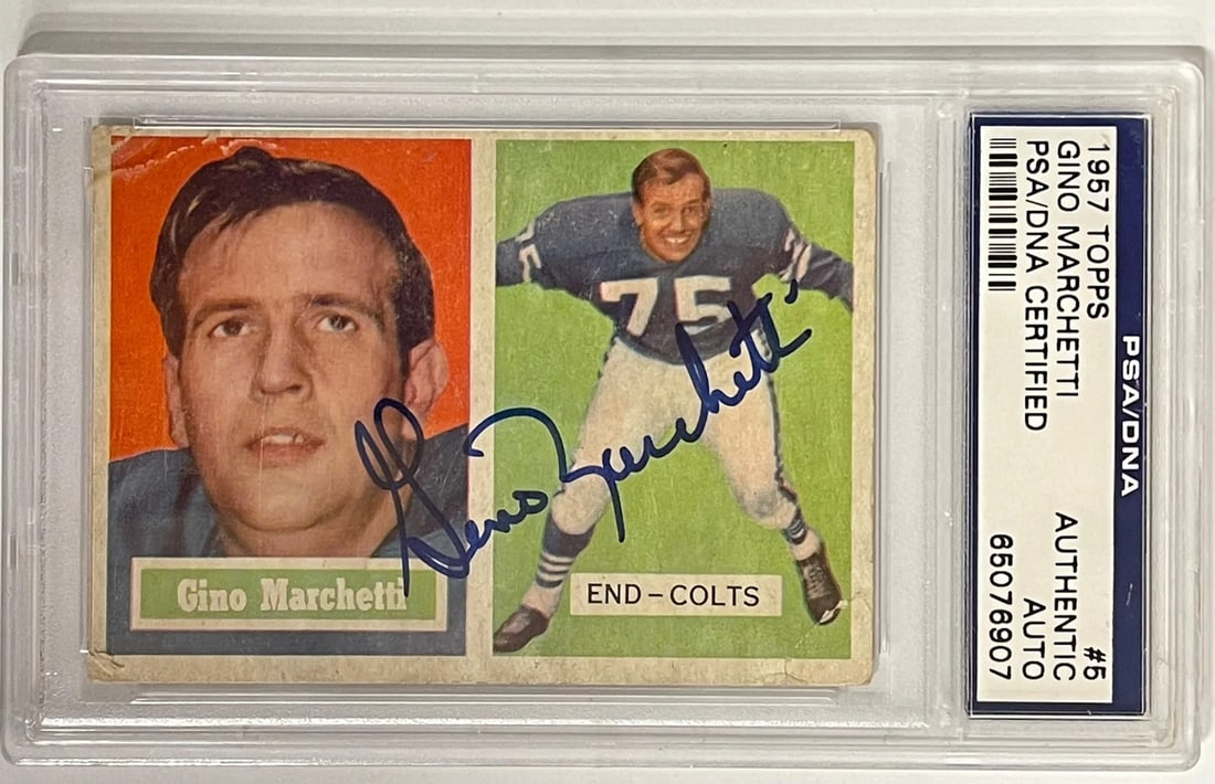 Marchetti Gino autographed 1957 Topps Card #5 (PSA): Marchetti Gino autographed 1957 Topps Card #5 (PSA) Item Specifics: Brand: PSA Gino Marchetti autographed 1957 Topps Card #5 Product Disclaimer: Not affiliated with any team or league. Signatures are 
